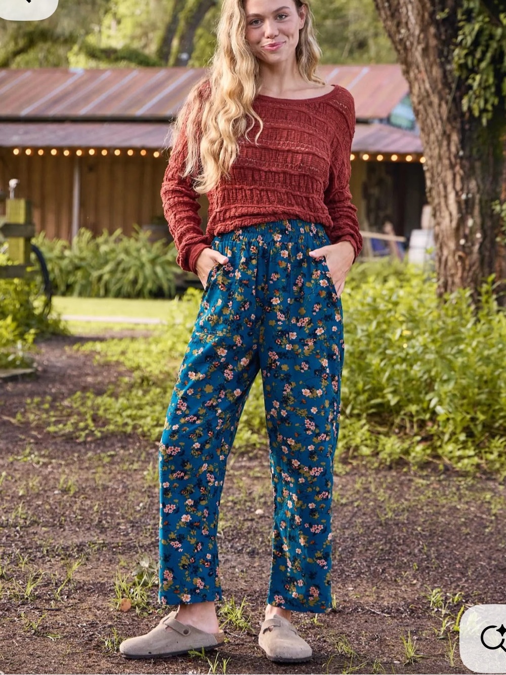 Natural Life Teal Floral Beckett Corduroy Wide Leg Pants Size Large